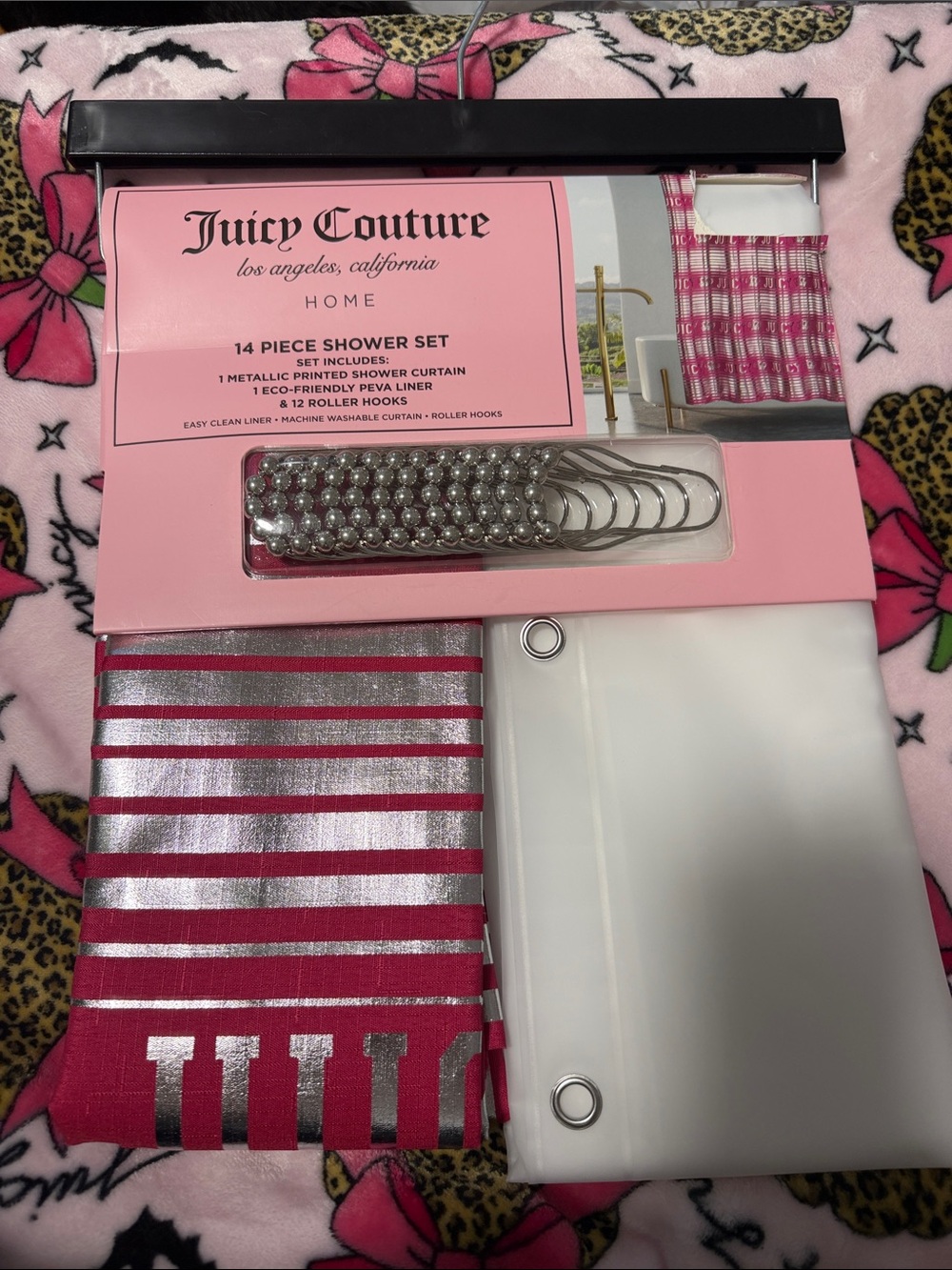 Juicy Couture Pink and Silver Striped Shower Set